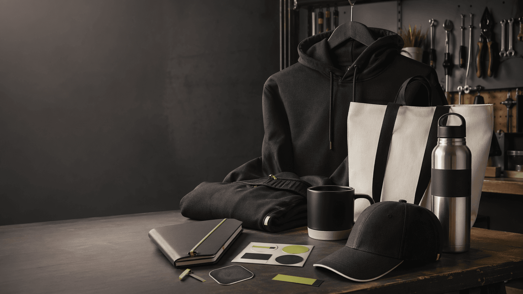 Sistema de merchandising personalizado con sudadera, tote bag, termo, taza, libreta, gorra y etiquetas en taller