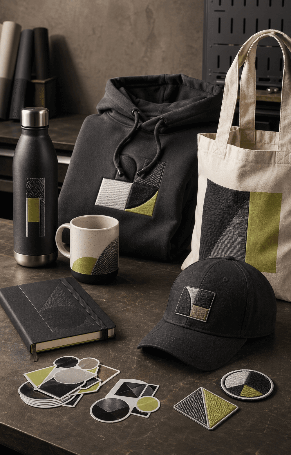 Familia de productos personalizables: termo, taza, sudadera, tote bag, libreta, gorra, parches y stickers